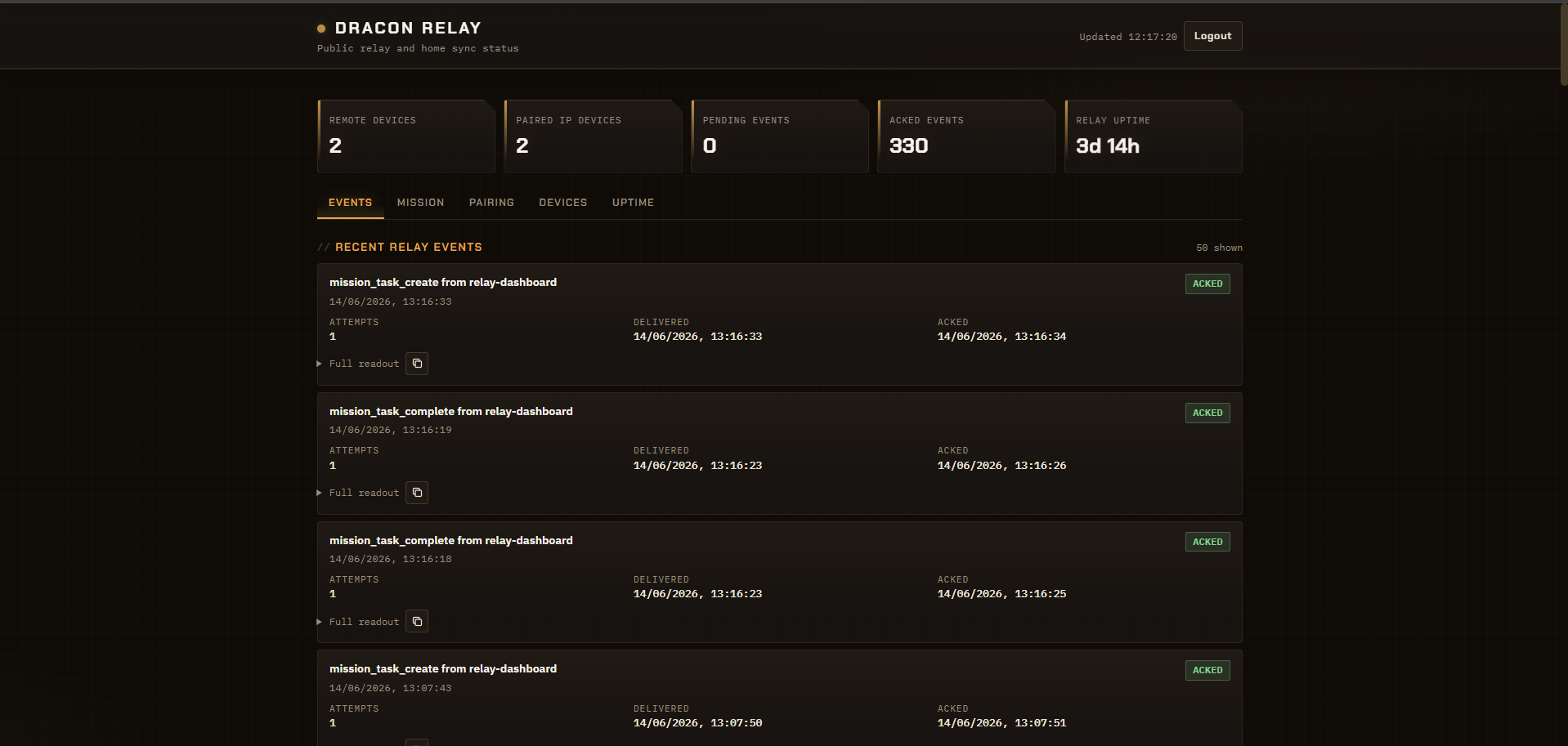 Relay server — event log for proxied external requests